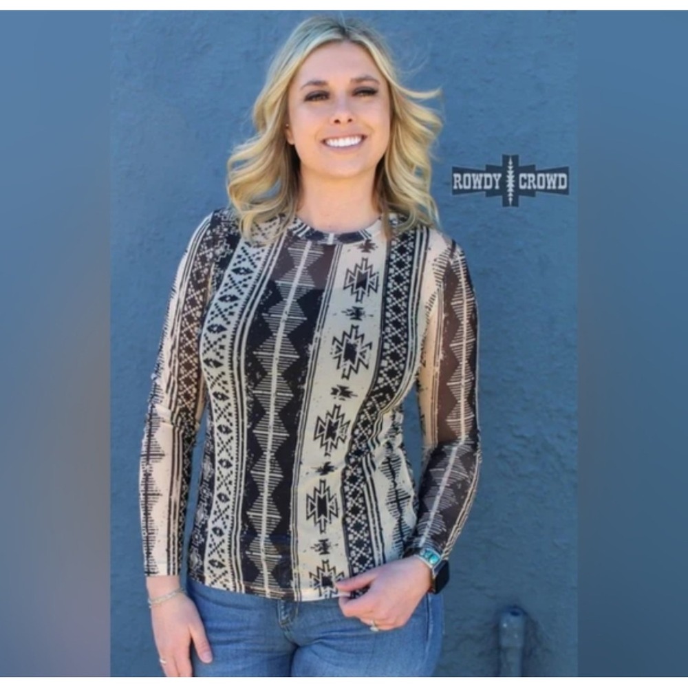 Rowdy Crowd Womens Aztec Mesh Top Long Sleeve Tan Black Geometric Western Small